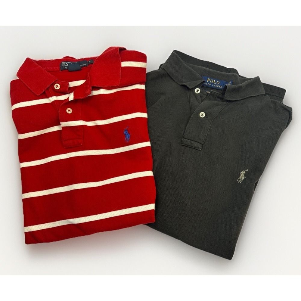 TWO‎ Polo Ralph Lauren Men Large Striped Red Gray Pique Shirts Short Sleeve